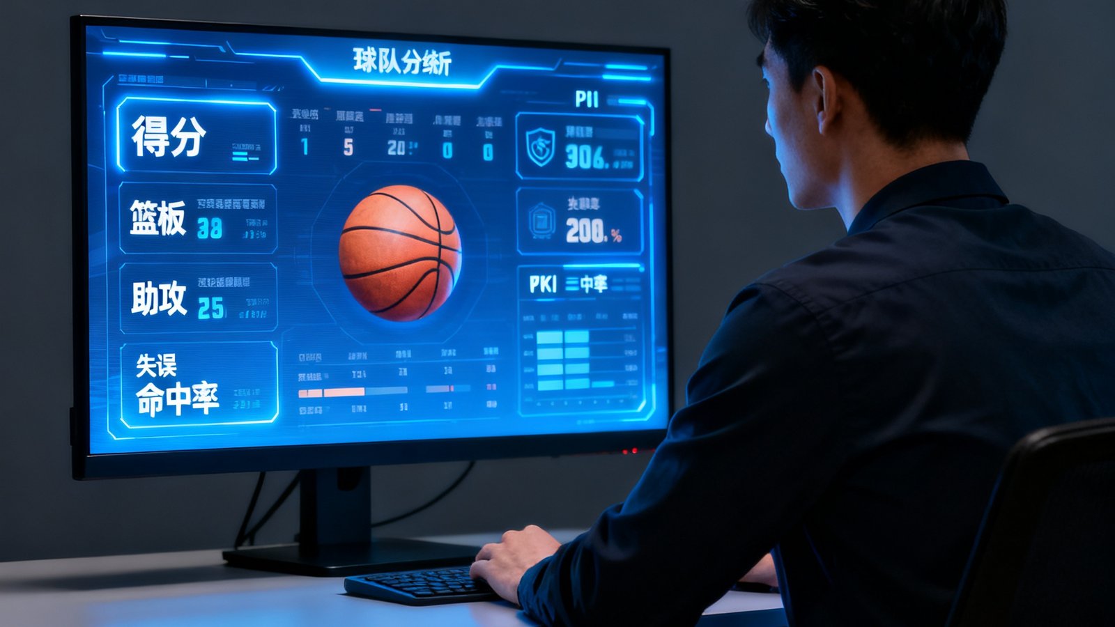 篮球数据分析师正在查看球队统计仪表盘，屏幕显示KPI指标