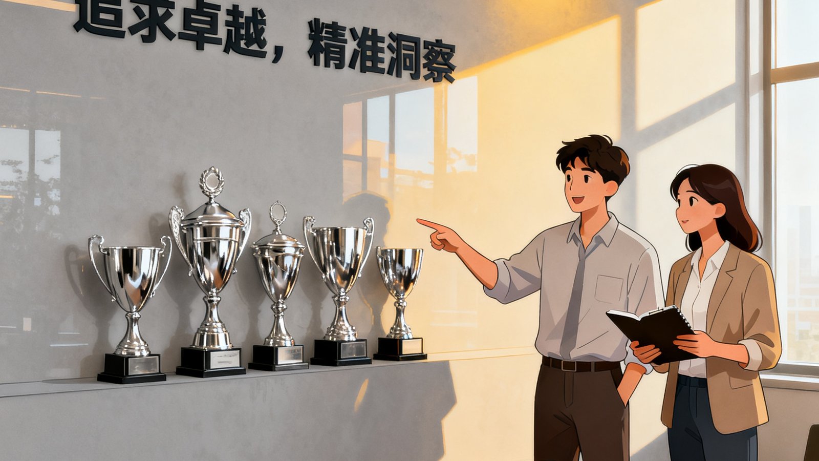 球探办公室文化墙展示企业价值观和奖杯，员工在旁讨论